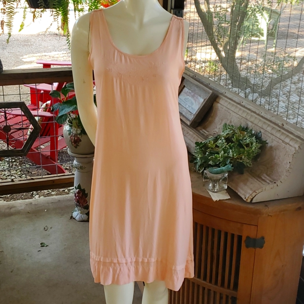 Vintage short peach hand made cotton rayon dress embroidered small